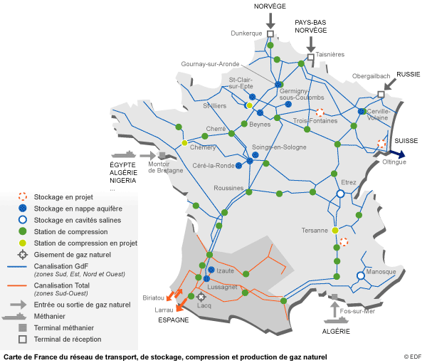 Carte de France du réseau de transport, de stockage, compression et production de gaz naturel