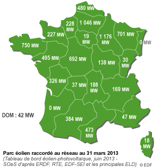 Carte des zones de production de l'électricité éolienne en France